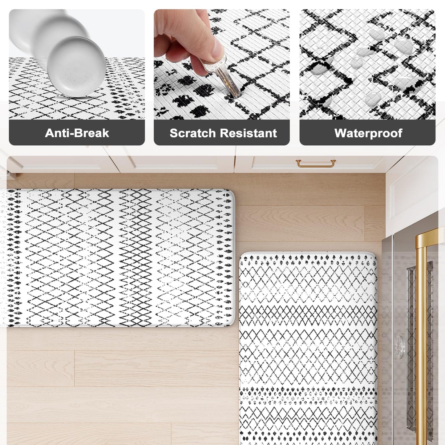 KIMODE Kitchen Mats 2PCS,Anti Fatigue Geometric Kitchen Rugs,Non Slip Waterproof Kitchen Mats for Floor,Cushioned Comfort Foam Standing Desk Mat for Home, Office, Sink,Laundry,Black and White