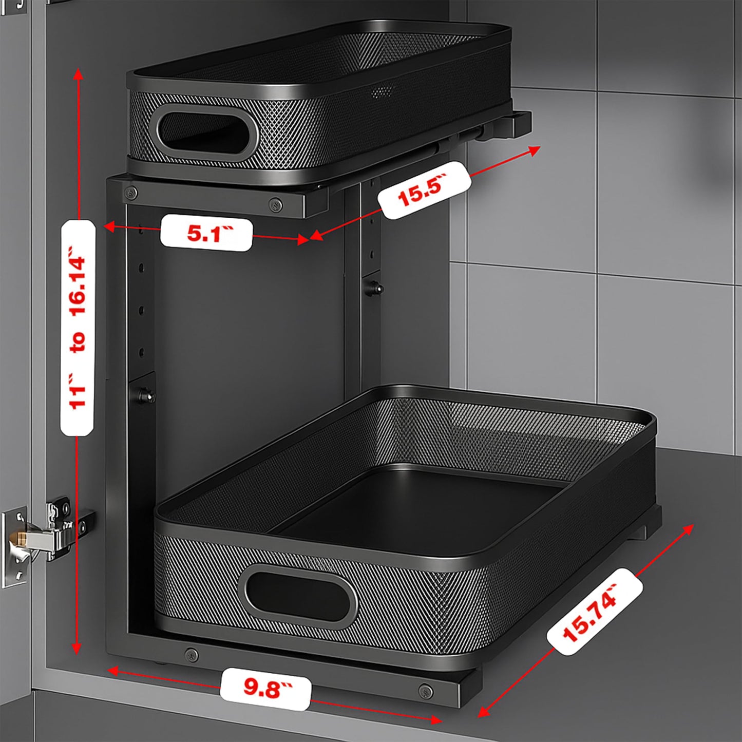 ValorTiger 2 Pack Under Sink Organizer, Dual-Layer Pull Out Mesh Cabinet Rack with 5-Level Height Adjustment, Rust-Resistant Sliding Storage for Bathroom & Kitchen, Multi-Purpose 2-Tier Shelf(Black)