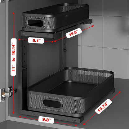 ValorTiger 2 Pack Under Sink Organizer, Dual-Layer Pull Out Mesh Cabinet Rack with 5-Level Height Adjustment, Rust-Resistant Sliding Storage for Bathroom & Kitchen, Multi-Purpose 2-Tier Shelf(Black)