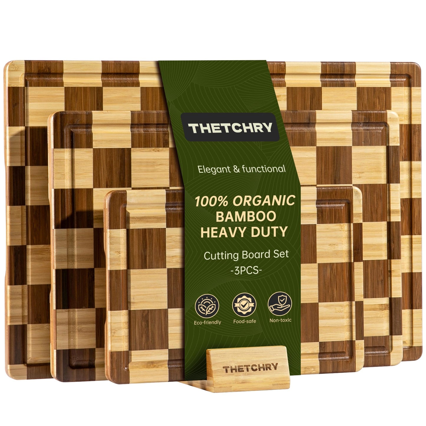THETCHRY Bamboo Cutting Board Set, Checkered Wood Cutting Boards for Kitchen with Juice Groove, Non Toxic Wooden Charcuterie Boards, Non Slip Chopping Board for Meat Fruit Cheese, Housewarming Gift