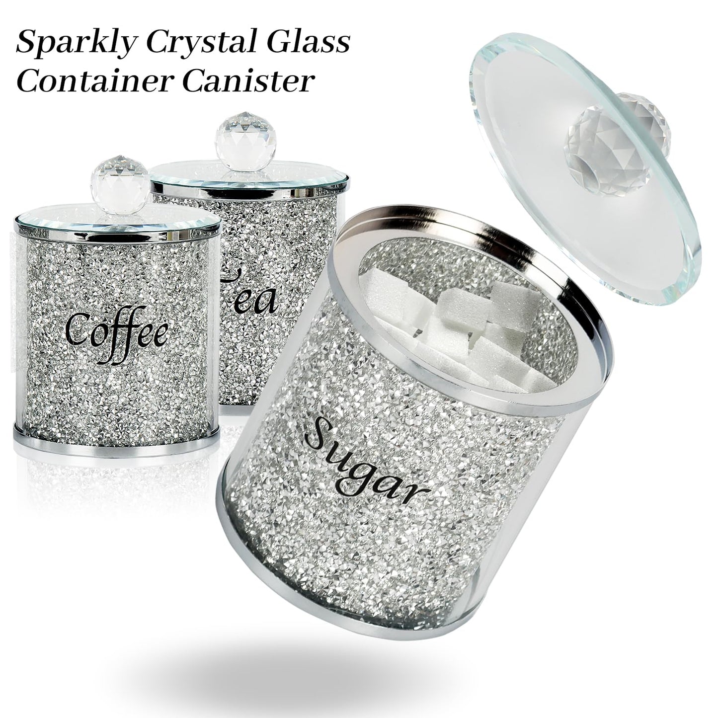 Topsky Coffee Sugar Tea Crystal Canister Set of 4,Sparkly Crystal Crushed Diamonds Home Decor,Silver Kitchen Coffee Jar Storage Set with Label & Lid,Storage Container Set for Countertop,Dining Room