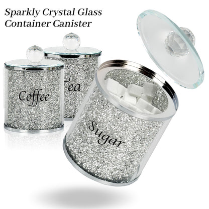 Topsky Coffee Sugar Tea Crystal Canister Set of 4,Sparkly Crystal Crushed Diamonds Home Decor,Silver Kitchen Coffee Jar Storage Set with Label & Lid,Storage Container Set for Countertop,Dining Room