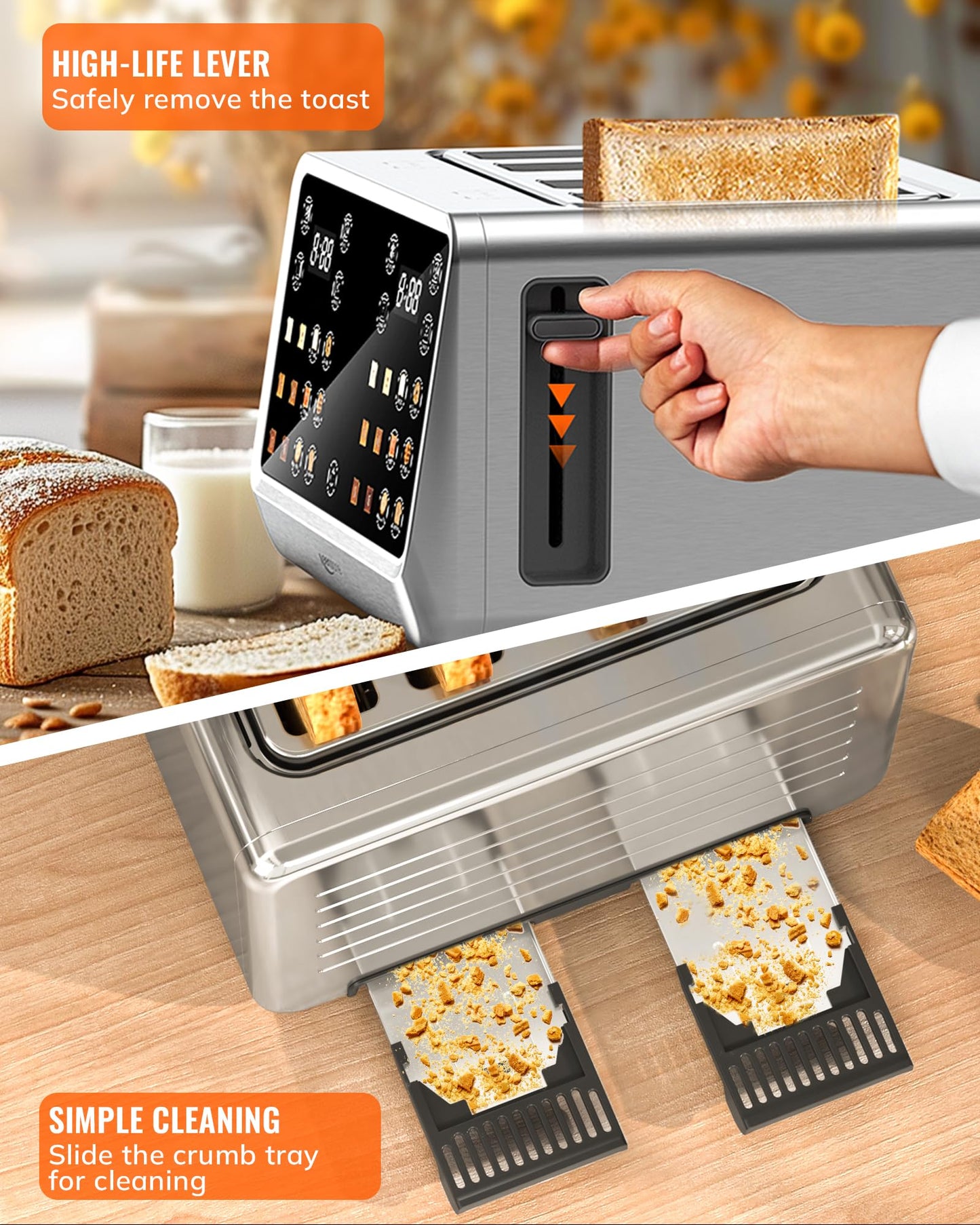 Toaster 4 Slice with TouchScreen, Memory Function & Single-Slot Focus, Keenstone 1800W Smart Digital Toaster for Ultimate Control, Wide Slot to Reheat & Defrost Bagels, Bread, Waffles, Stainless Steel
