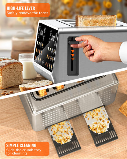 Toaster 4 Slice with TouchScreen, Memory Function & Single-Slot Focus, Keenstone 1800W Smart Digital Toaster for Ultimate Control, Wide Slot to Reheat & Defrost Bagels, Bread, Waffles, Stainless Steel