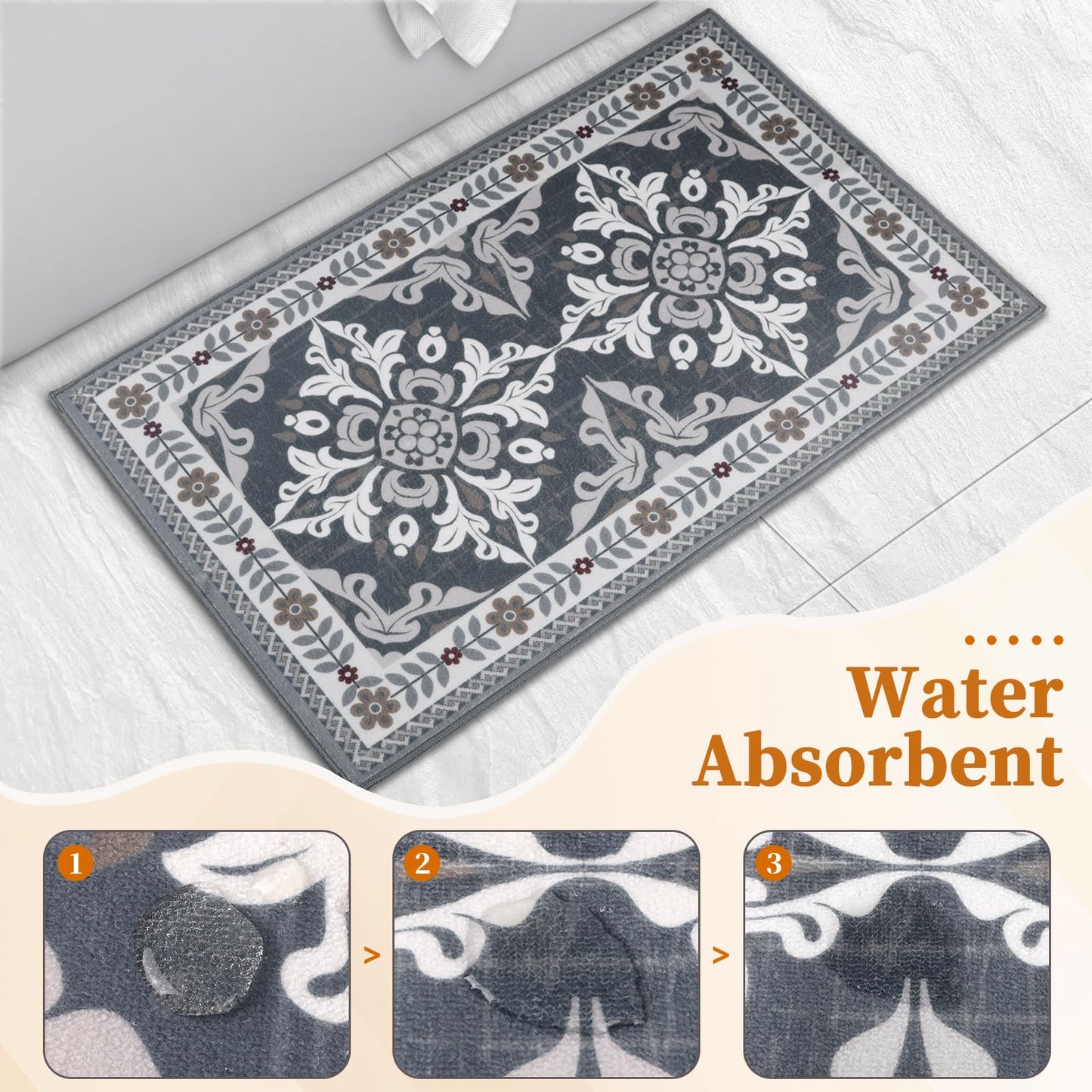 DailyCuddles Kitchen Rugs Set of 3, Non-Slip & Washable Floor Mats, Water-Absorbent Area Pad, Standing Desk Mat for Office, Home, Doorway, Laundry, Kitchen Accessories (Grey)