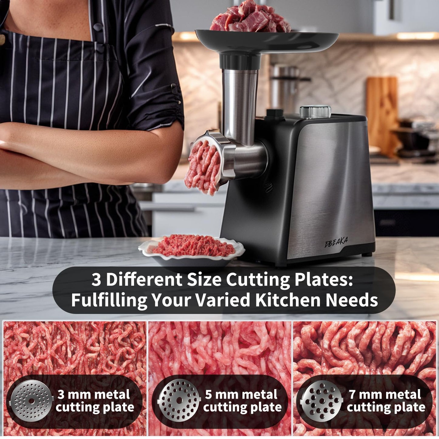 EBEAKA Electric Meat Grinder & Sausage Stuffer - Heavy Duty Mincer with 3 Plates, Kubbe Kit & Stainless Steel Blades for Home Kitchen