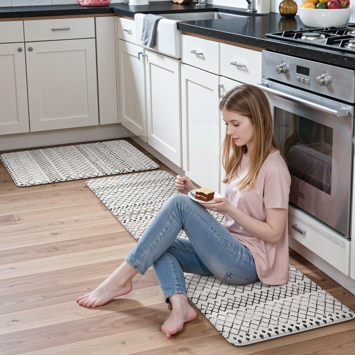 KIMODE Kitchen Mats 2PCS,Anti Fatigue Geometric Kitchen Rugs,Non Slip Waterproof Kitchen Mats for Floor,Cushioned Comfort Foam Standing Desk Mat for Home, Office, Sink,Laundry,Black and White