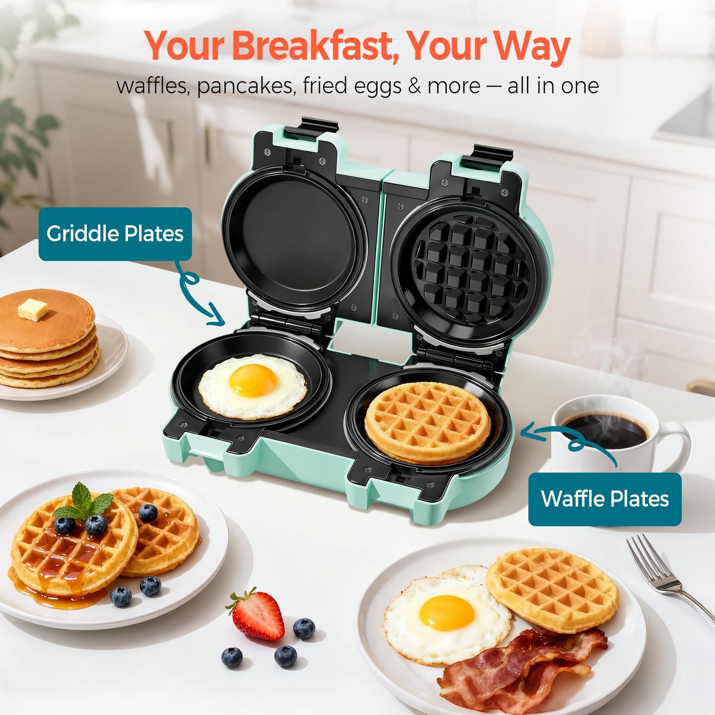2-in-1 Double Waffle & Pancake Maker - CACHOO Mini 4" Nonstick Waffle Iron & Small Round Griddle with 4 Removable Plate Sets, Dishwasher Safe, Perfect for Small Spaces, Apartments & Dorms, Aqua