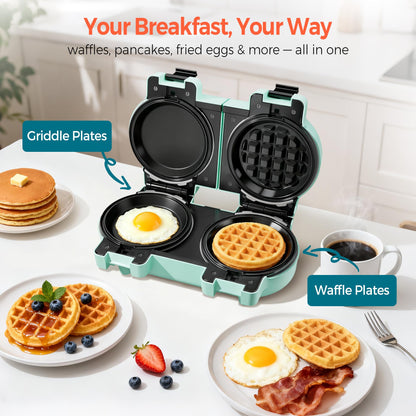 2-in-1 Double Waffle & Pancake Maker - CACHOO Mini 4" Nonstick Waffle Iron & Small Round Griddle with 4 Removable Plate Sets, Dishwasher Safe, Perfect for Small Spaces, Apartments & Dorms, Aqua