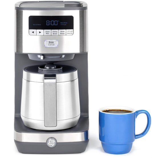 GE Drip Coffee Maker With Timer | 10-Cup Thermal Carafe Coffee Pot Keeps Coffee Warm for 2 Hours | Adjustable Brew Strength | Wide Shower Head for Maximum Flavor | Kitchen Essentials | Stainless Steel
