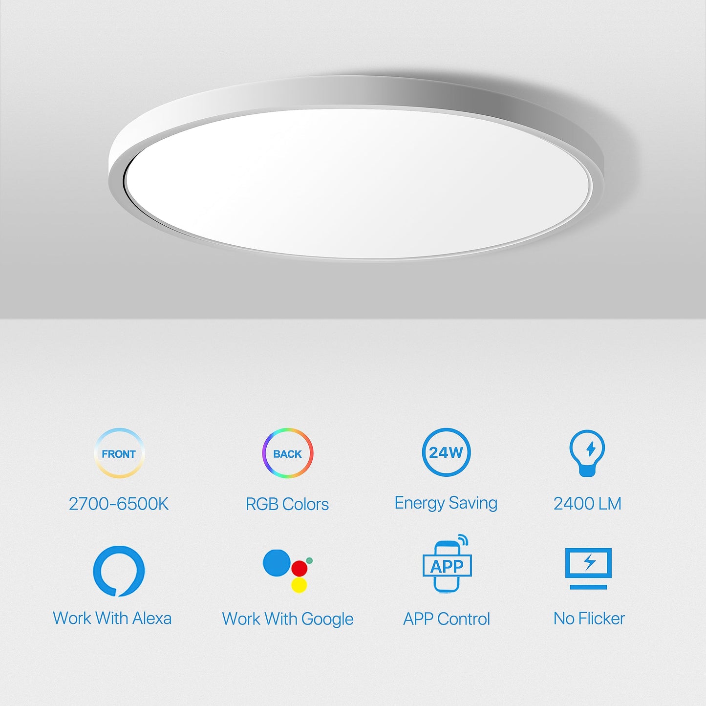 MELEGAN 2Pcs RGB Smart Ceiling Light, Super Slim LED Flush Mount Ceiling, WiFi Compatible with Alexa Google Home,12Inch 24W Dimmable 2700K-6500K for Bedroom, Kitchen, Dining Room, Basements