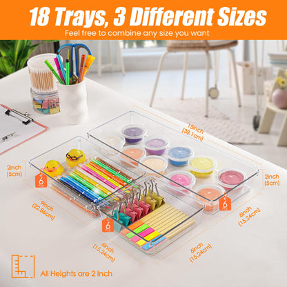 Criusia 18 Pcs Large Size Clear Drawer Organizer Set, Acrylic Non Slip Non Cracking Kitchen Drawer Storage Tray Divider, Multifunctional Storage for Cosmetics, Bathroom, Tools, Kitchen and Office
