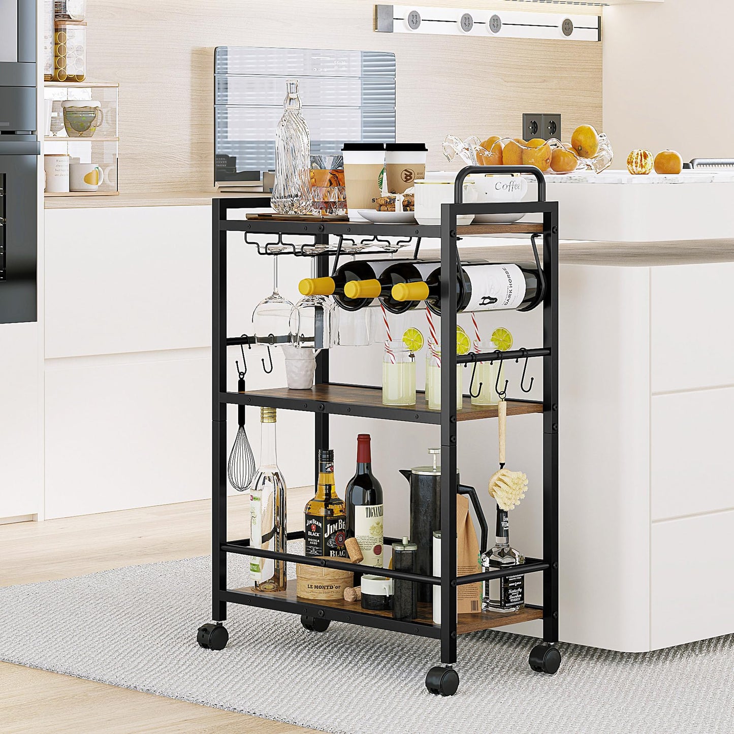 Home Bar Serving Cart, Serving Cart with Wheels and Handle, 3 Tier Rolling Kitchen Cart, Microwave Cart, Beverage Cart with Wine Holder and Glass Holders, for Dinning Room, Living Room, Black