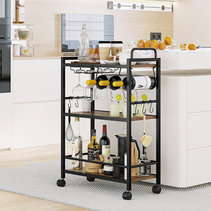 Home Bar Serving Cart, Serving Cart with Wheels and Handle, 3 Tier Rolling Kitchen Cart, Microwave Cart, Beverage Cart with Wine Holder and Glass Holders, for Dinning Room, Living Room, Black
