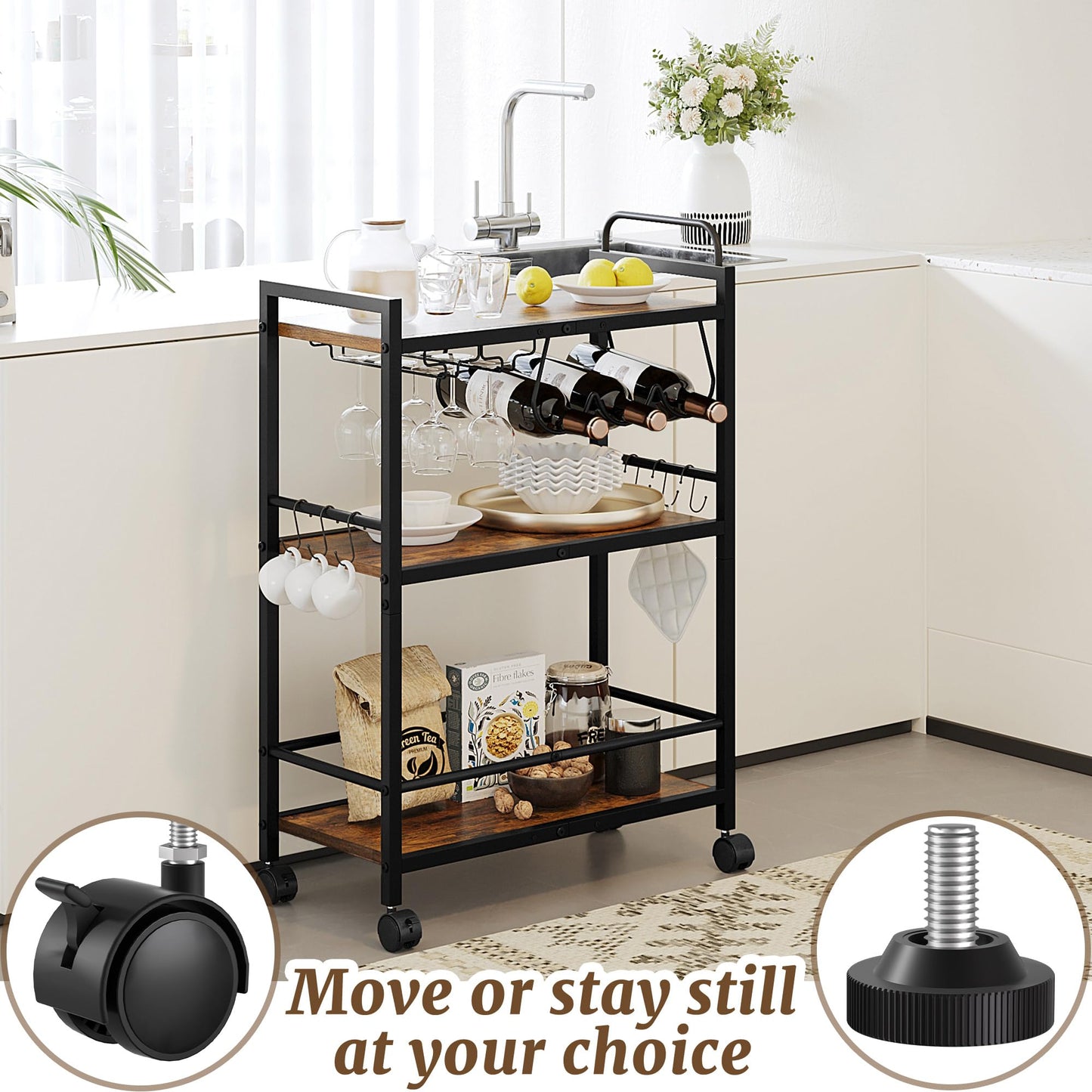 Home Bar Serving Cart, Serving Cart with Wheels and Handle, 3 Tier Rolling Kitchen Cart, Microwave Cart, Beverage Cart with Wine Holder and Glass Holders, for Dinning Room, Living Room, Black