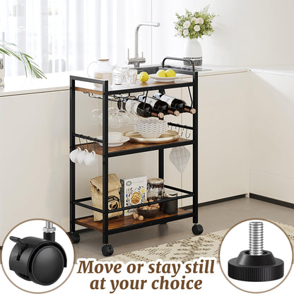 Home Bar Serving Cart, Serving Cart with Wheels and Handle, 3 Tier Rolling Kitchen Cart, Microwave Cart, Beverage Cart with Wine Holder and Glass Holders, for Dinning Room, Living Room, Black
