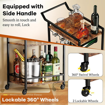 LOTEYIKE 3 Tier Bar Cart, Mini Liquor Utility Cart for Wine Beverage Dinner Party, Rolling Wine Coffee Drink Serving Cart with Lockable Wheels for Home Kitchen Bars (Rustic Brown)