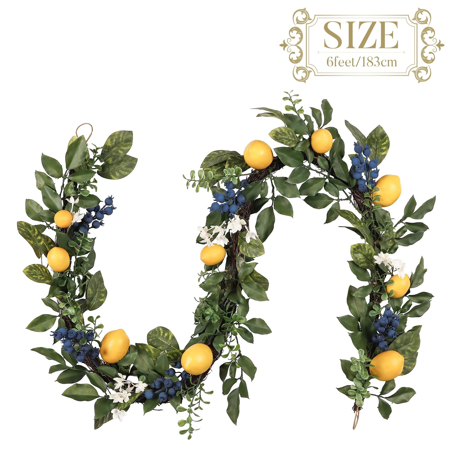 Valery Madelyn 6ft Pre-Lit Lemon Garland with Greenery, Thick Spring Summer Garland for Mantle with Lights, Artificial Fruit Vine for Stairs Fireplace Table, Farmhouse Kitchen Home Wall Party Decor