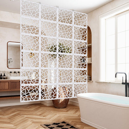 ANMINY 24 PCS Hanging Room Divider Decorative Thick Panels Floral Carving Wall Screen Hollow Out Design for Bedroom Living Dining Room Kitchen Office Restaurant Home Decor - White Geometric Patterns