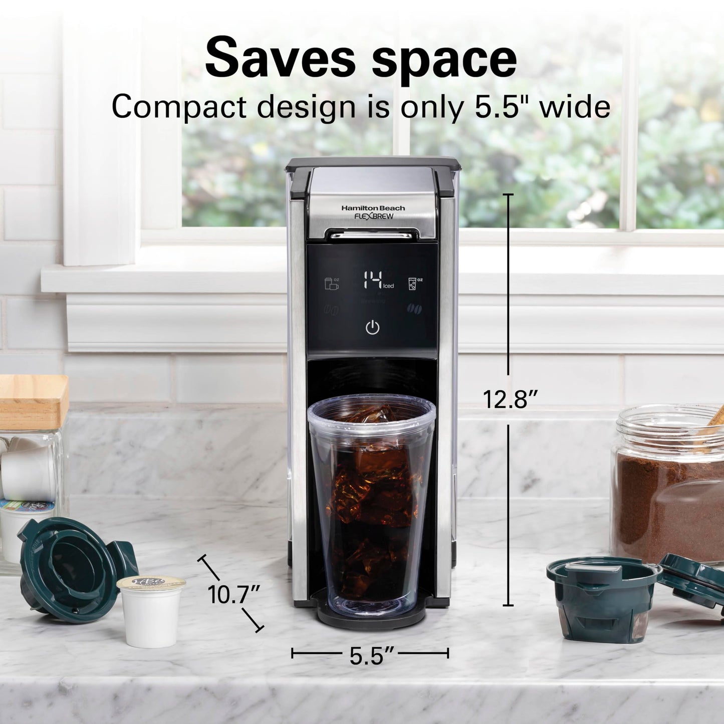 Hamilton Beach FlexBrew Advanced 4-in-1 Single Serve Hot & Iced Coffee Maker with Removable 45 oz. Water Reservoir, Use Pod Packs and Grounds, Fast Brewing, LED Touchscreen, Black (49925)