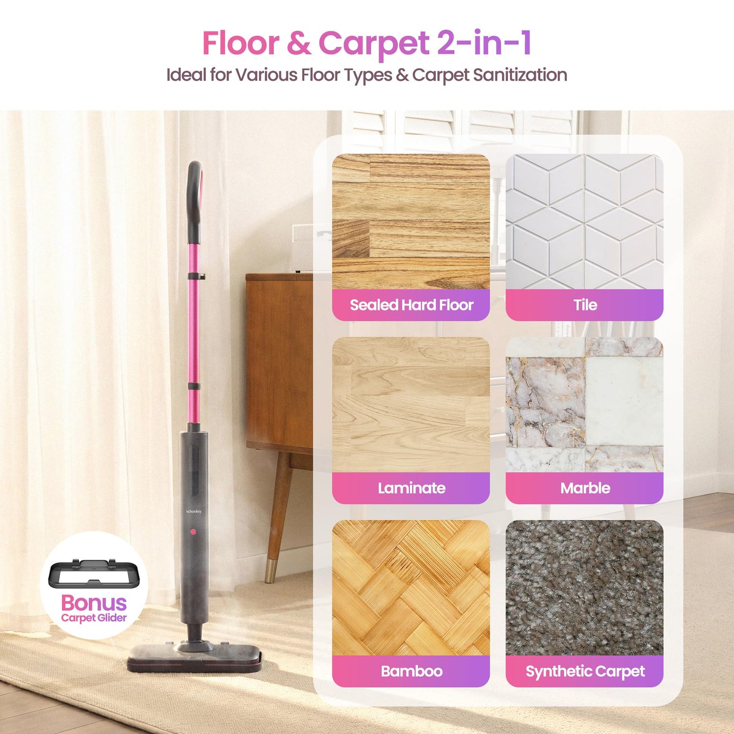 Schenley Steam Mop Cleaner Powerful - 15s Fast Heat-Up, Chemical-Free for Hardwood/Tile/Laminate & Floors/Walls, Washable Pads, 3 Modes for Carpet, Lightweight, Self-Standing, Sleek Design
