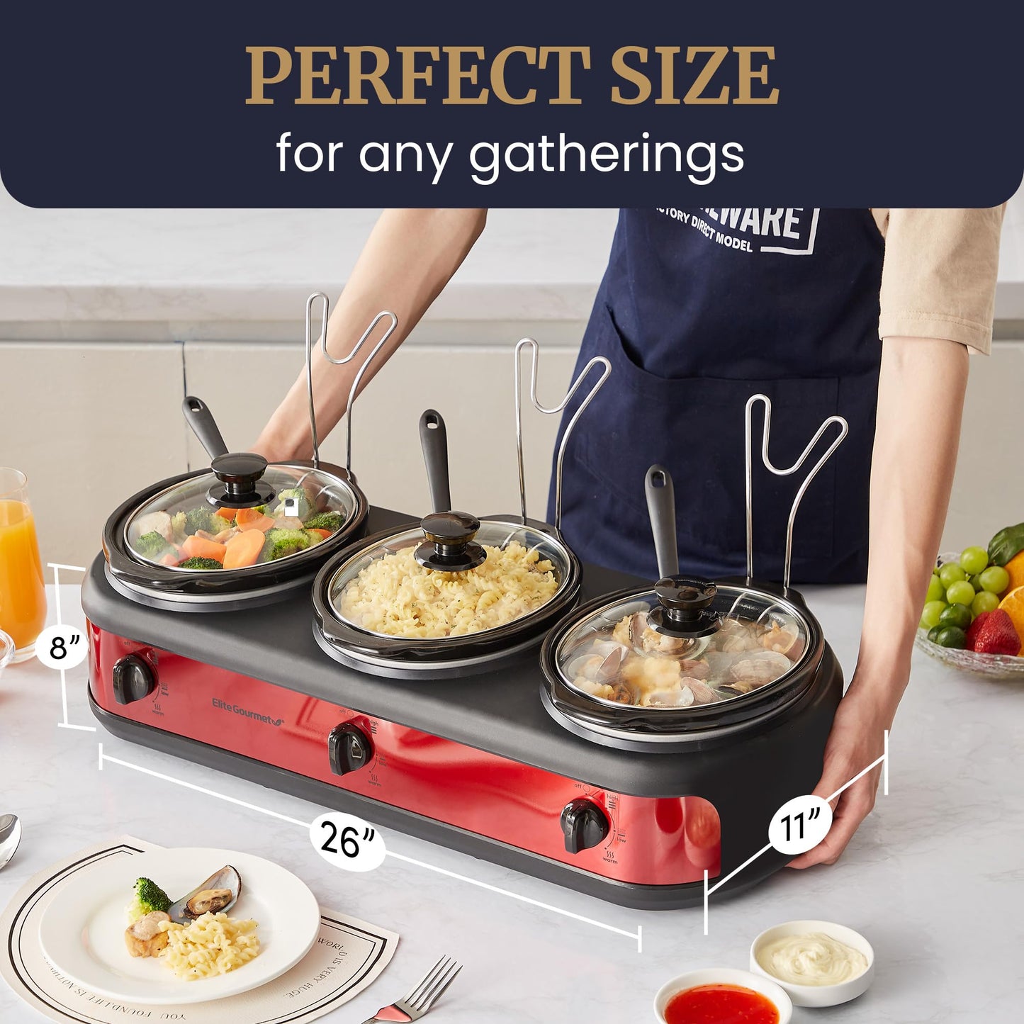Elite Gourmet EWMST-325R Maxi-Matic Triple Slow Cooker Buffet Server Adjustable Temp Dishwasher-Safe Oval Ceramic Pots, Lid Rests, 3 x 2.5 Qt Capacity, Red