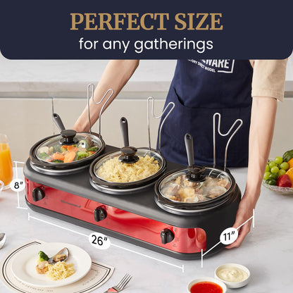 Elite Gourmet EWMST-325R Maxi-Matic Triple Slow Cooker Buffet Server Adjustable Temp Dishwasher-Safe Oval Ceramic Pots, Lid Rests, 3 x 2.5 Qt Capacity, Red