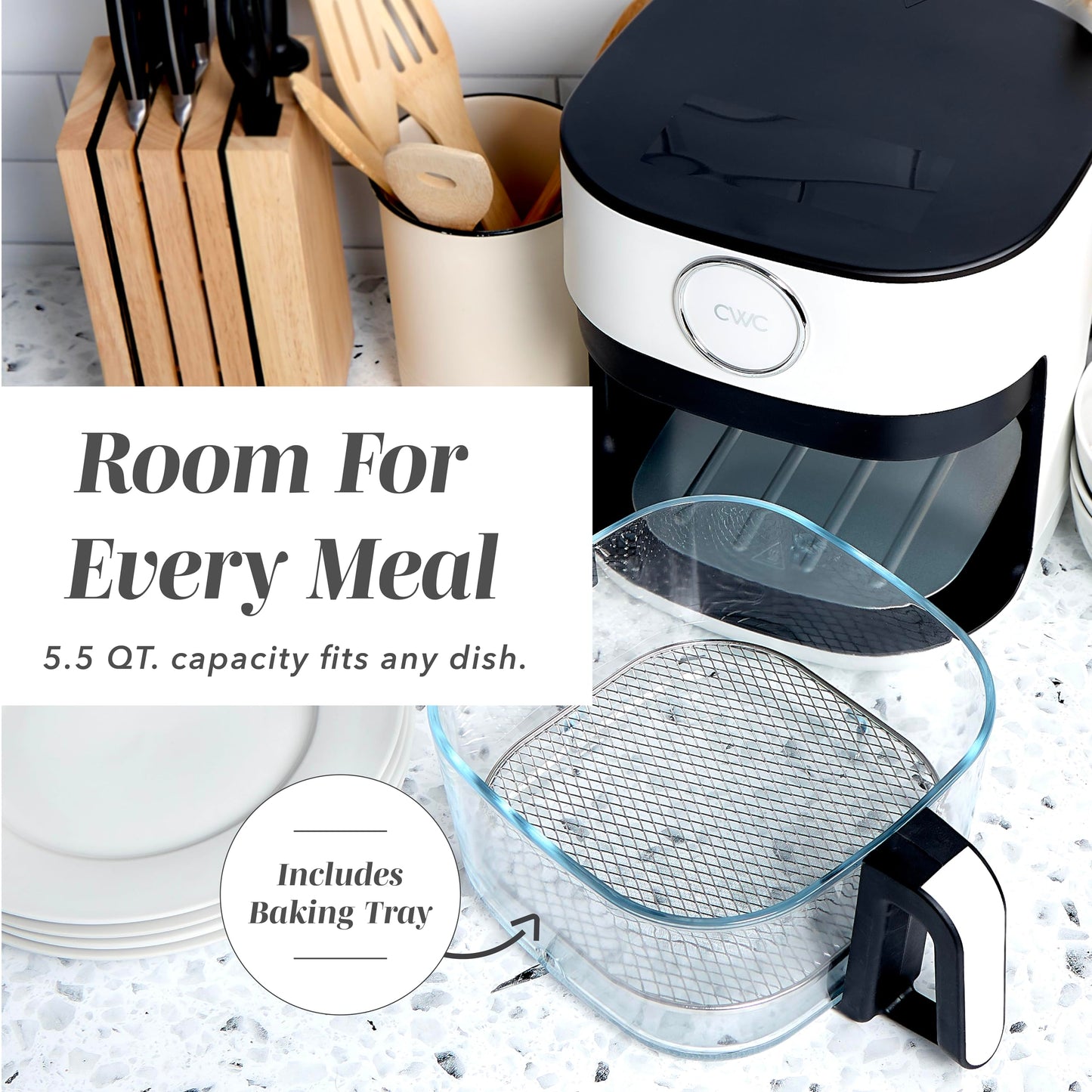 COOK WITH COLOR 1400W 5.5Qt Digital Kitchen Air Fryer with Glass Basket, 8 Presets Healthy Cooking Options, Bake, Fry, Reheat, 60-Min Timer, Adjustable Temperature Control 175°F–400°F, Linen White