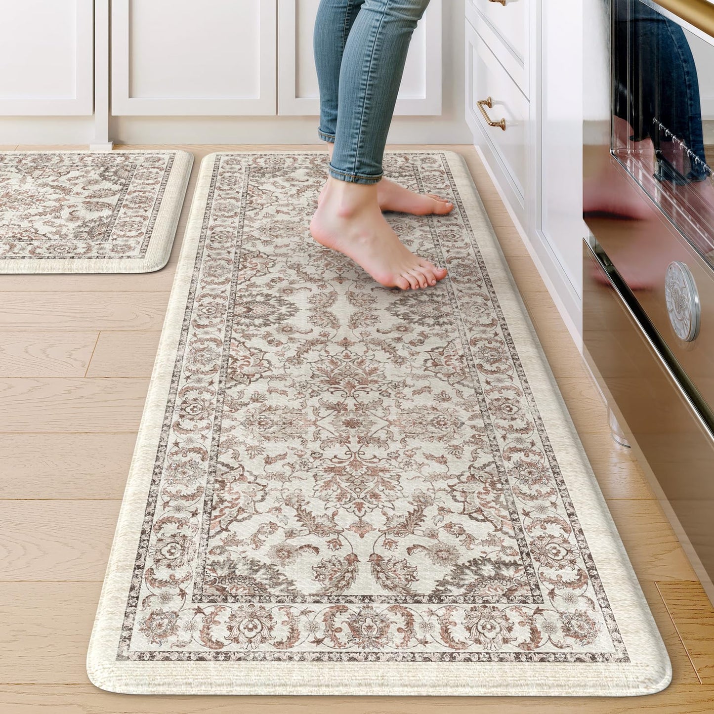 KIMODE Kitchen Mats for Floor Cushioned Anti Fatigue 2 Piece,Boho Farmhouse Kitchen Rugs Non Slip 20" x 47"+20" x 32",Wide Memory Foam Kitchen Mat Carpet for Laundry Office Home,Khaki