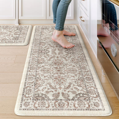 KIMODE Kitchen Mats for Floor Cushioned Anti Fatigue 2 Piece,Boho Farmhouse Kitchen Rugs Non Slip 20" x 47"+20" x 32",Wide Memory Foam Kitchen Mat Carpet for Laundry Office Home,Khaki