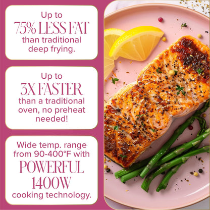 Paris Hilton Air Fryer, Large 6-Quart Capacity, Nonstick Made without PFAS, Touchscreen Display, 8-in-1 (Air Fry, Roast, Broil, Bake, Reheat, Keep Warm, Pizza, Dehydrate), Dishwasher Safe, Pink