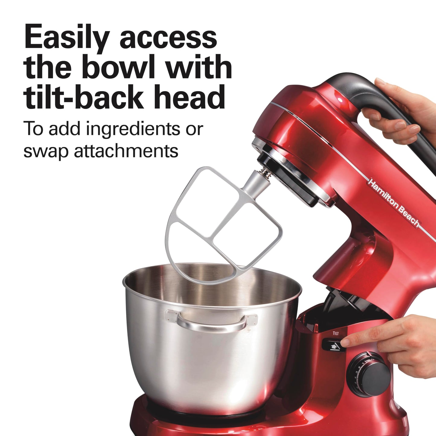 Hamilton Beach Electric Stand Mixer, 4 Quarts, Dough Hook, Flat Beater Attachments, Splash Guard, 7 Speeds with Whisk, Easy-Carry Top Handle, Red