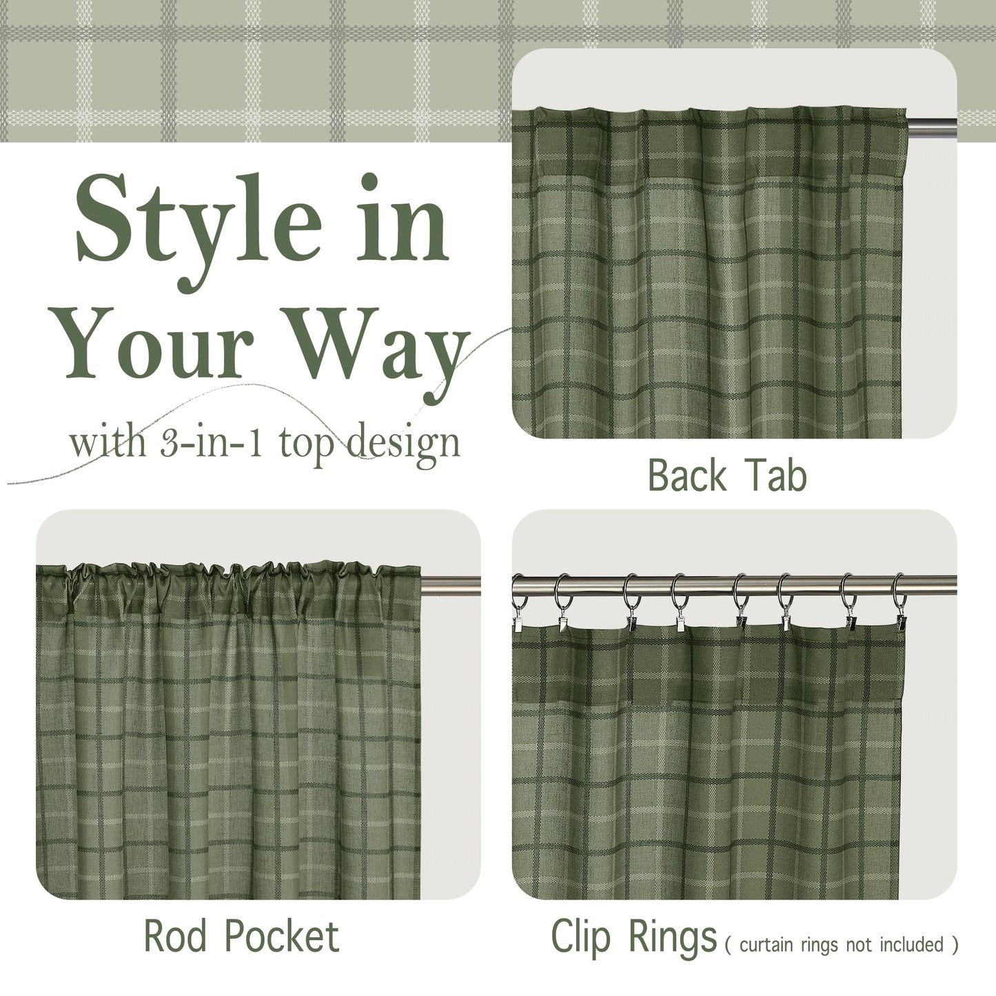 RYB HOME Green Plaid Curtains for Living Room Dining Room, Linen Blend Light Filtering Semi-Sheer Privacy Farmhouse Checkered Window Treatment for Kitchen Bedroom, W52 x L96 Inch, 2 Panels