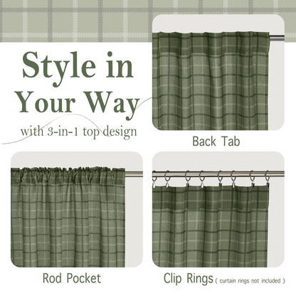 RYB HOME Green Plaid Curtains for Living Room Dining Room, Linen Blend Light Filtering Semi-Sheer Privacy Farmhouse Checkered Window Treatment for Kitchen Bedroom, W52 x L96 Inch, 2 Panels