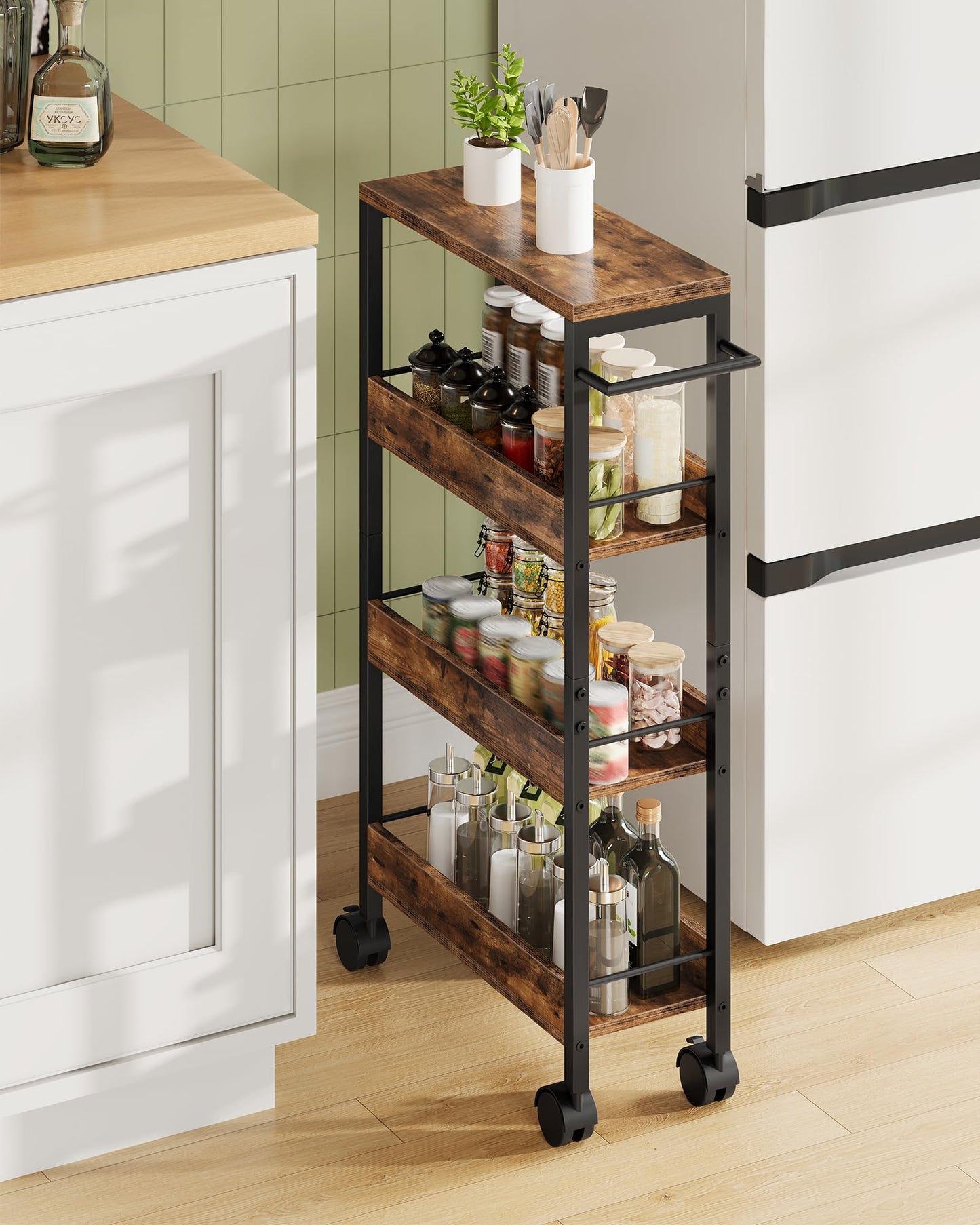 CHOEZON 4-Tier Slim Storage Cart, 7.1'' Kitchen Serving Trolley, Slim Rolling Cart with Handle and Guard Rails, Slim Cabinet for Small Spaces, for Dining Room, Rustic Brown and Black TTC02BF