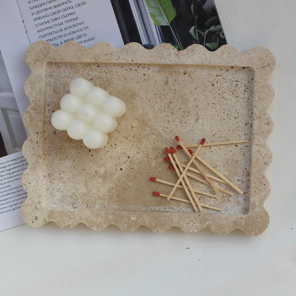 Natural Luxury Scalloped Marble Tray 10.8"x8", Rectangle Vanity Tray for Bathroom Kitchen Counter, Decorative Tray for Dresser Home Decor - Beige Travertine