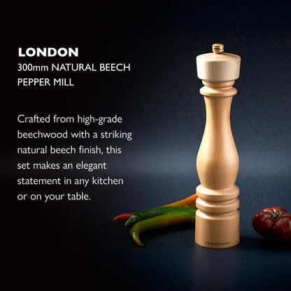 Cole & Mason London Refillable Spice Mill - Kitchen & Home Accessory - Table Black Pepper Grinder - Pepper Mill with Carbon Steel Mechanism - 11", Natural Beech