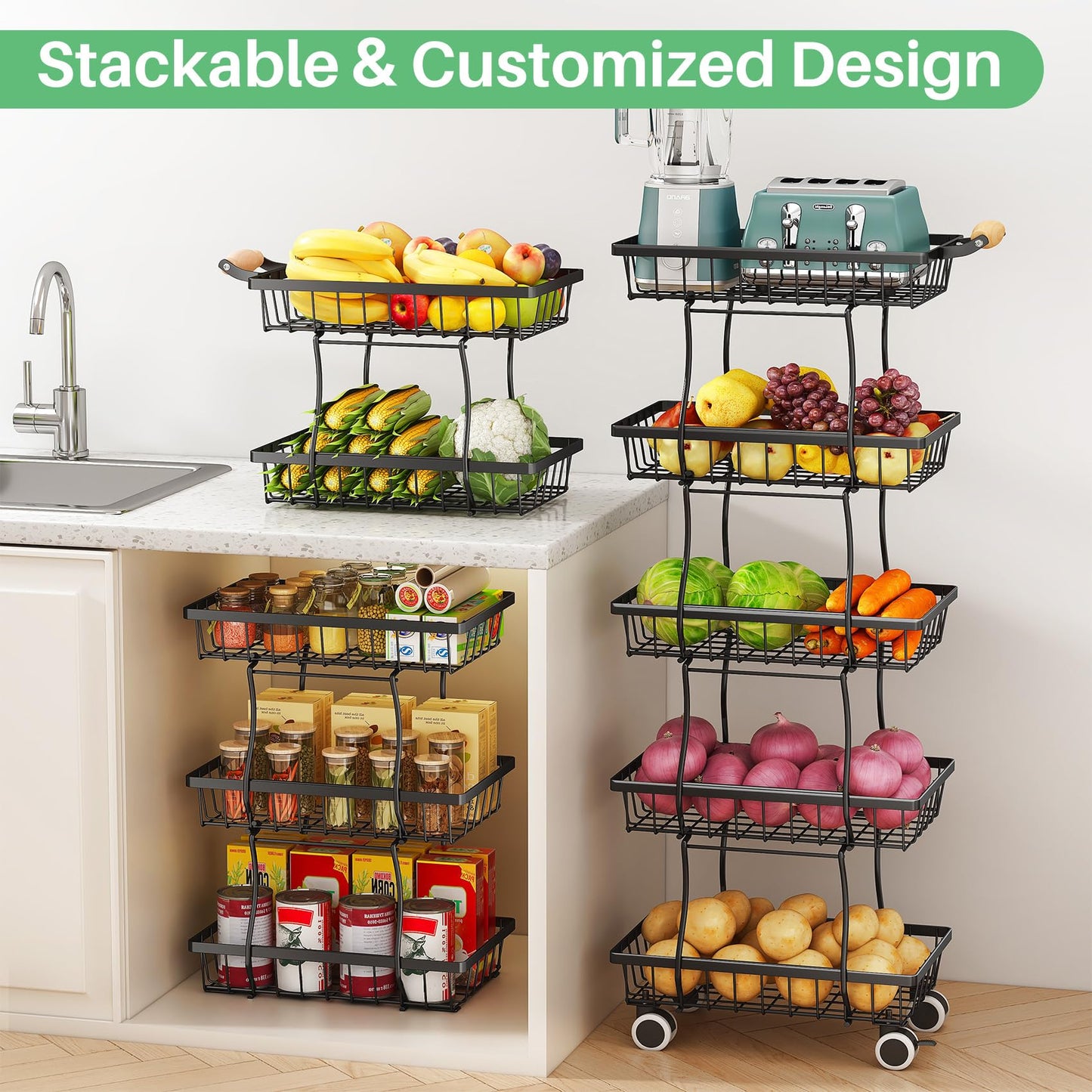 SAYZH Fruit Basket Kitchen Pantry Organizers and Storage - 5 Tier Stackable Metal Wire Basket Stand for Fruit Vegetable Snacks Jars Bins Containers Organization, (Black, 5 Tiers)