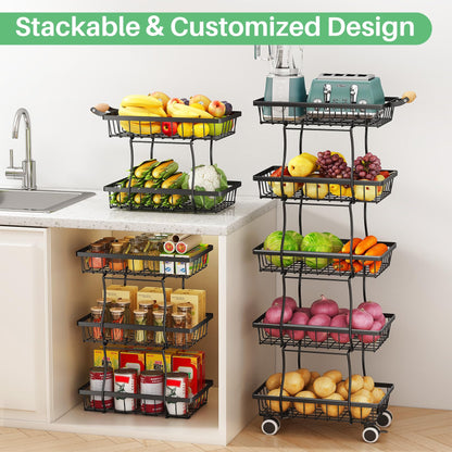 SAYZH Fruit Basket Kitchen Pantry Organizers and Storage - 5 Tier Stackable Metal Wire Basket Stand for Fruit Vegetable Snacks Jars Bins Containers Organization, (Black, 5 Tiers)