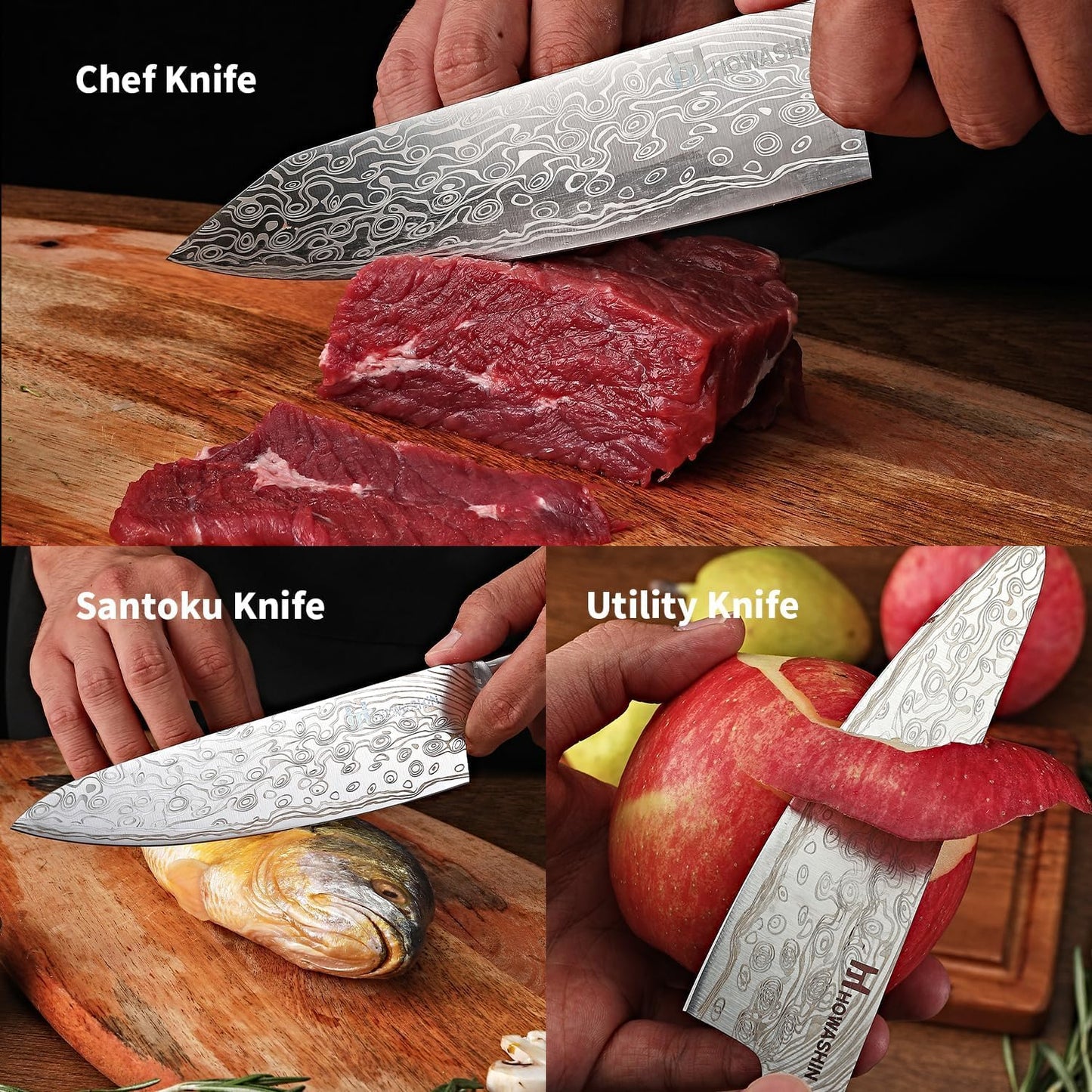 Howashin 3PCS Chef Knife Set, High Carbon Stainless Steel Kitchen Knife Set, Ultra Sharp Japanese Knife with Sheath,Ergonomic Rosewood Handle Elegant Gift Box for Home or Restaurant