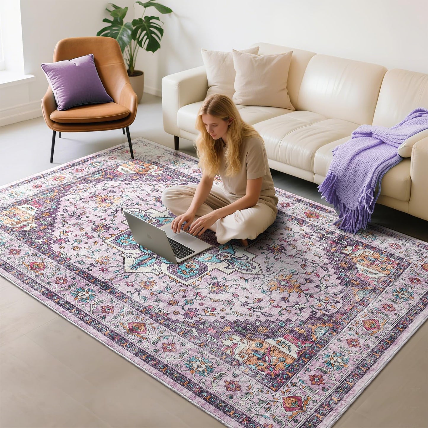 Softlife Washable Area Rug for Living Room, 5x7 Purple Large Boho Accent Rugs for Bedroom Bathroom Kitchen Under Dinning Table, Neutral Non-Slip Carpet for Nursery Kids Laundry Dorm Home Decor