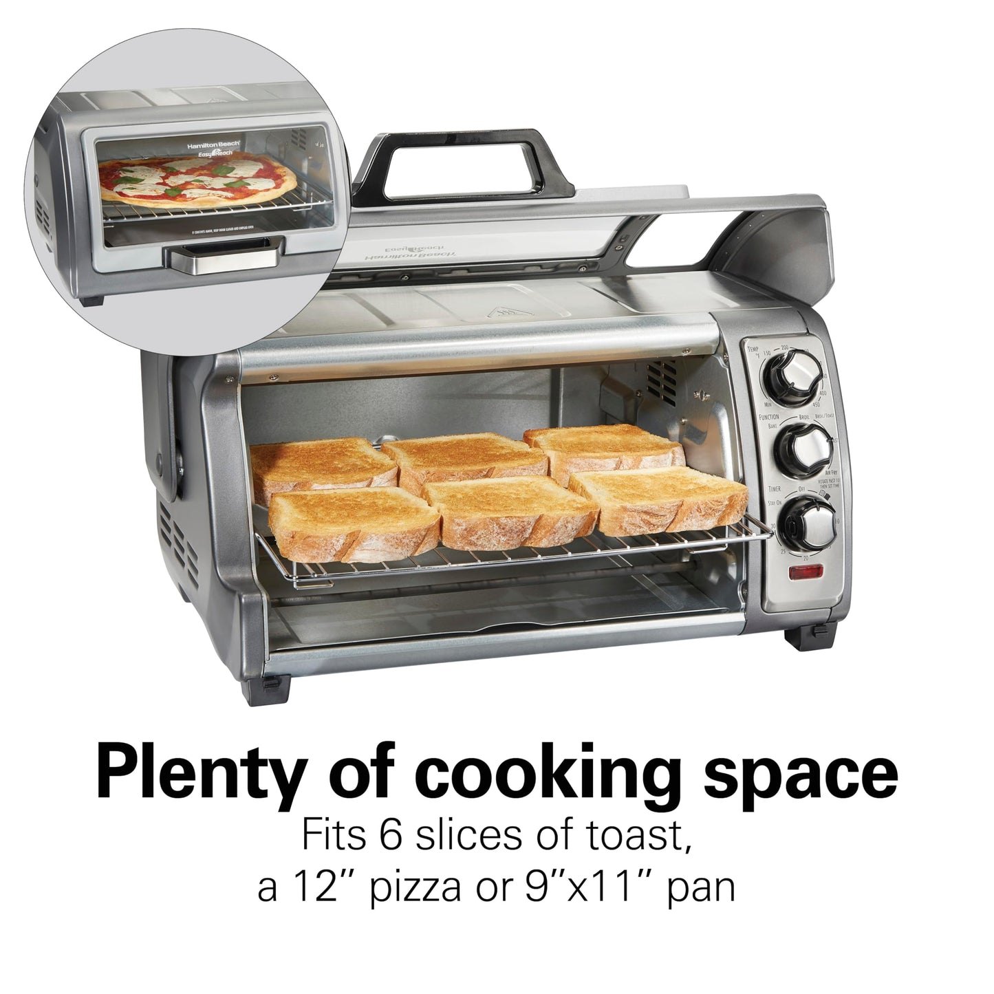 Hamilton Beach Air Fryer Toaster Oven Combo with Large Capacity, Fits 6 Slices or 12” Pizza, 4 Cooking Functions for Convection, Bake, Broil, Roll-Top Door, Easy Reach Sure-Crisp, Stainless Steel