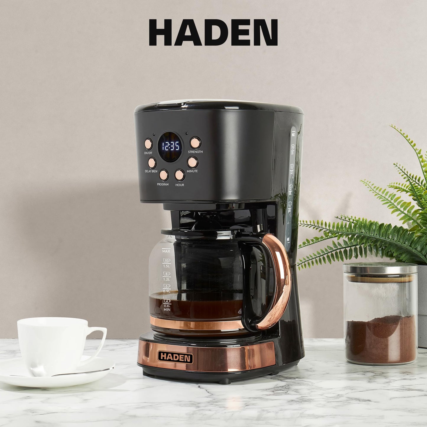 HADEN Coffee Machine, 12 Cup Programmable Drip Coffee Maker with Auto Shut-Off Function and Reusable Washable Water Filter, Black & Copper