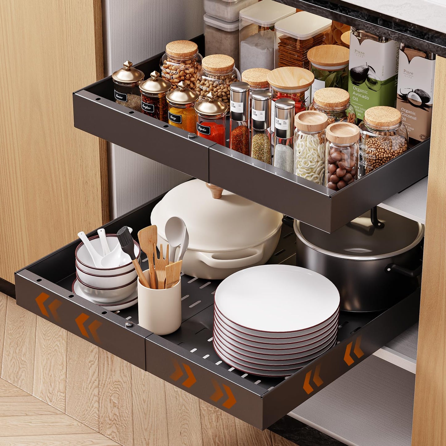 OneDream 2 Pack Pull Out Cabinet Organizer, 21" Deep Slide Out Drawers for Kitchen Cabinets, No Drill Adhesive Pull Out Drawers for Cabinets, Back Roll Out Shelves Adjustable Width 12.05"-20.4"
