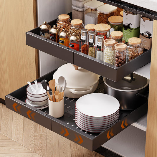 OneDream 2 Pack Pull Out Cabinet Organizer, 21" Deep Slide Out Drawers for Kitchen Cabinets, No Drill Adhesive Pull Out Drawers for Cabinets, Back Roll Out Shelves Adjustable Width 12.05"-20.4"