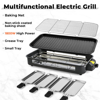 Pukomc Electric Indoor Grill,2 in 1 Indoor Grills for Kitchen with Grill Net & Non-Stick Cooking Removable Plate, Temperature Control, Dishwasher Safe, 1800W Large Smokeless Griddle Black