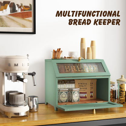 HOLTICO Double Layer Bread Box With Golden Trim for Countertop, Wooden Bread Container for Kitchen Counter, Corner Bread Storage (Green)
