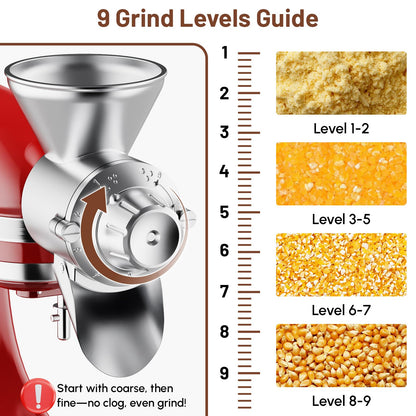 HOZODO Grain Mill Attachment for KitchenAid Stand Mixer, All Metal 9 Levels Flour Mill for KitchenAid, Suitable for Fully Dried Low-Moisture, Low-Oil Grains, Grain Corn, Millet, Wheat