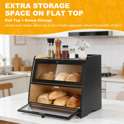 Hwwelis Bamboo Double Layer Bread Box for Kitchen Counter - 2 Layer Large Breadbox for Countertop Organizer - Bread Storage Boxes Container Bin for Homemade Bread - Black