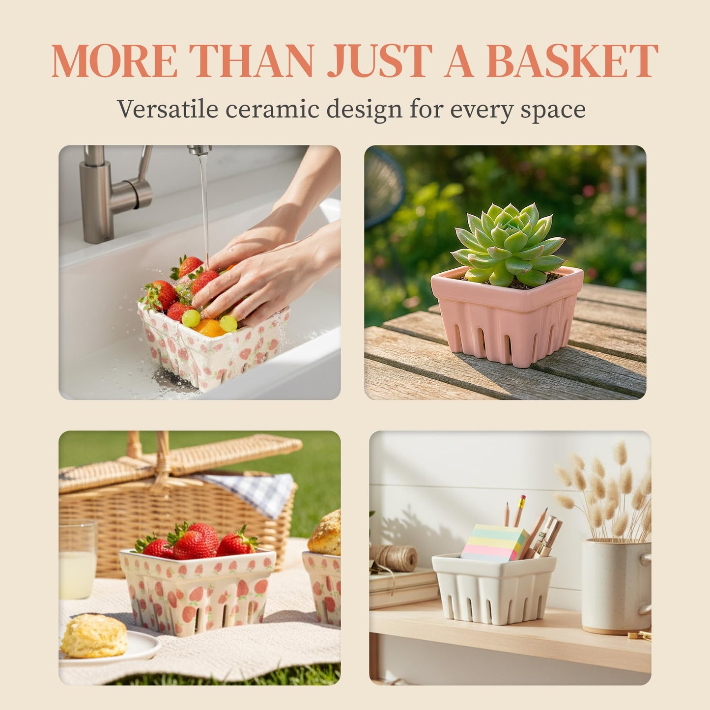Ceramic Berry Basket, Farmhouse Colander, Strawberry Decor, Fruit Bowls, Fruit Baskets, Kawaii Strawberry Kitchen bowl, Pink White and Cute Strawberry pattern Stoneware Harvest Square Bowls Set of 4